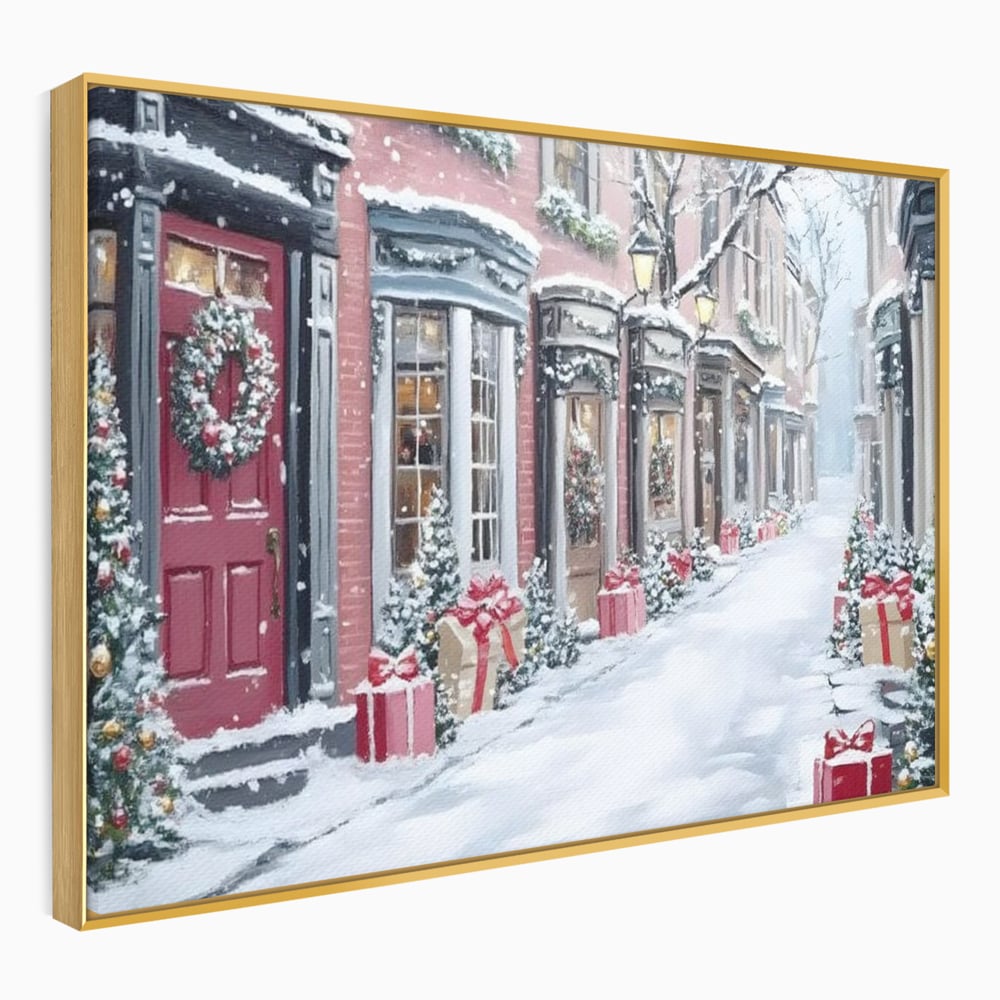 Tablou canvas cu tablou canvas cu strada urbana de iarna, in rama de aluminiu auriu